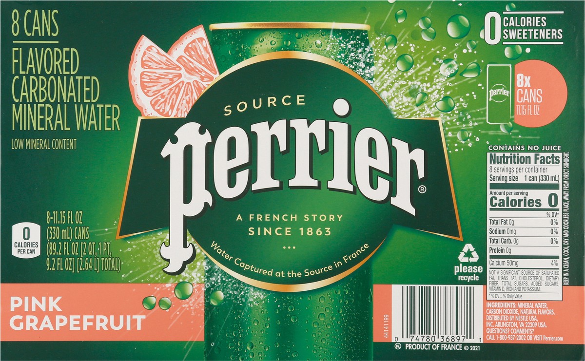 slide 5 of 9, Perrier Pink Grapefruit Flavored Sparkling Water, Sleek Cans (24 Count) 89.2 fl oz., 8 ct