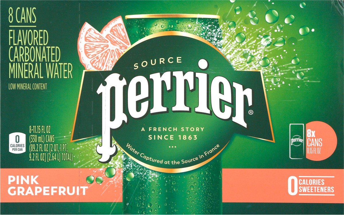 slide 3 of 9, Perrier Pink Grapefruit Flavored Sparkling Water, Sleek Cans (24 Count) 89.2 fl oz., 8 ct