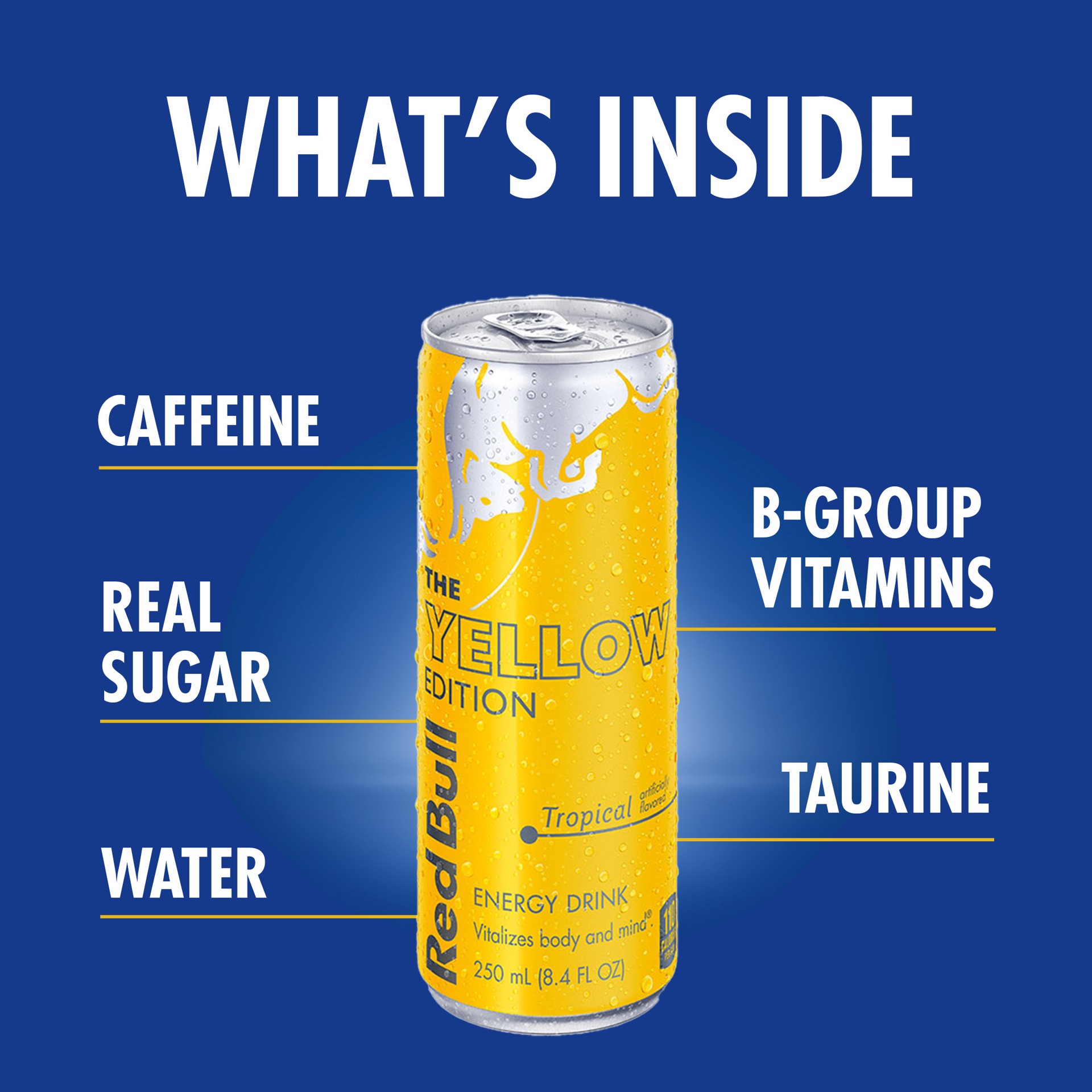 slide 3 of 9, Red Bull Yellow Edition Tropical Energy Drink, , Pack of 24 Cans - 201.60 fl oz, 201.60 fl oz