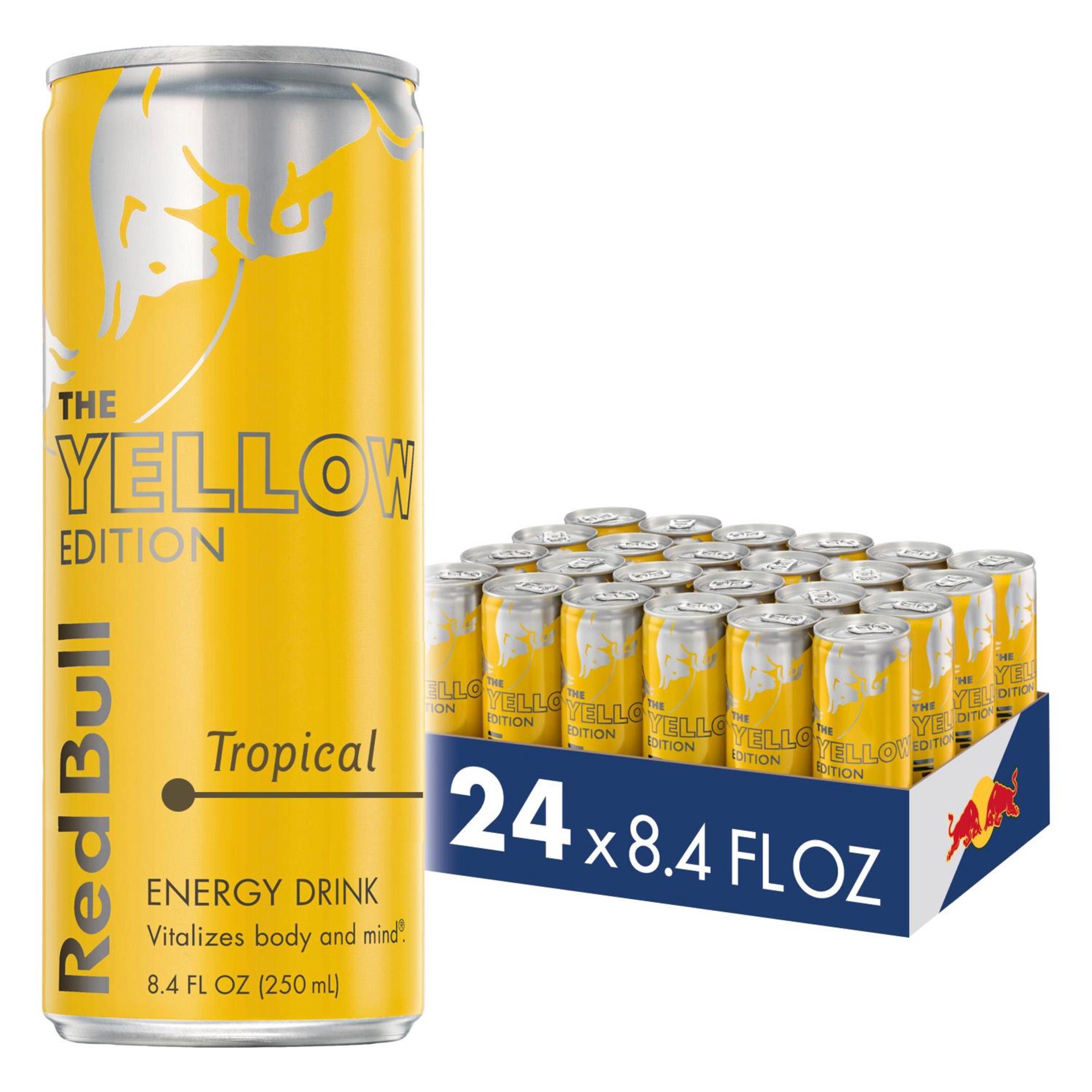 slide 1 of 9, Red Bull Yellow Edition Tropical Energy Drink, , Pack of 24 Cans - 201.60 fl oz, 201.60 fl oz