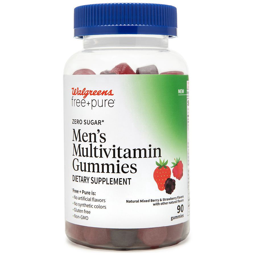 slide 1 of 3, Walgreens Free & Pure Sugar Free Men's Multivitamin Gummies Mixed Berry & Strawberry, 90 ct