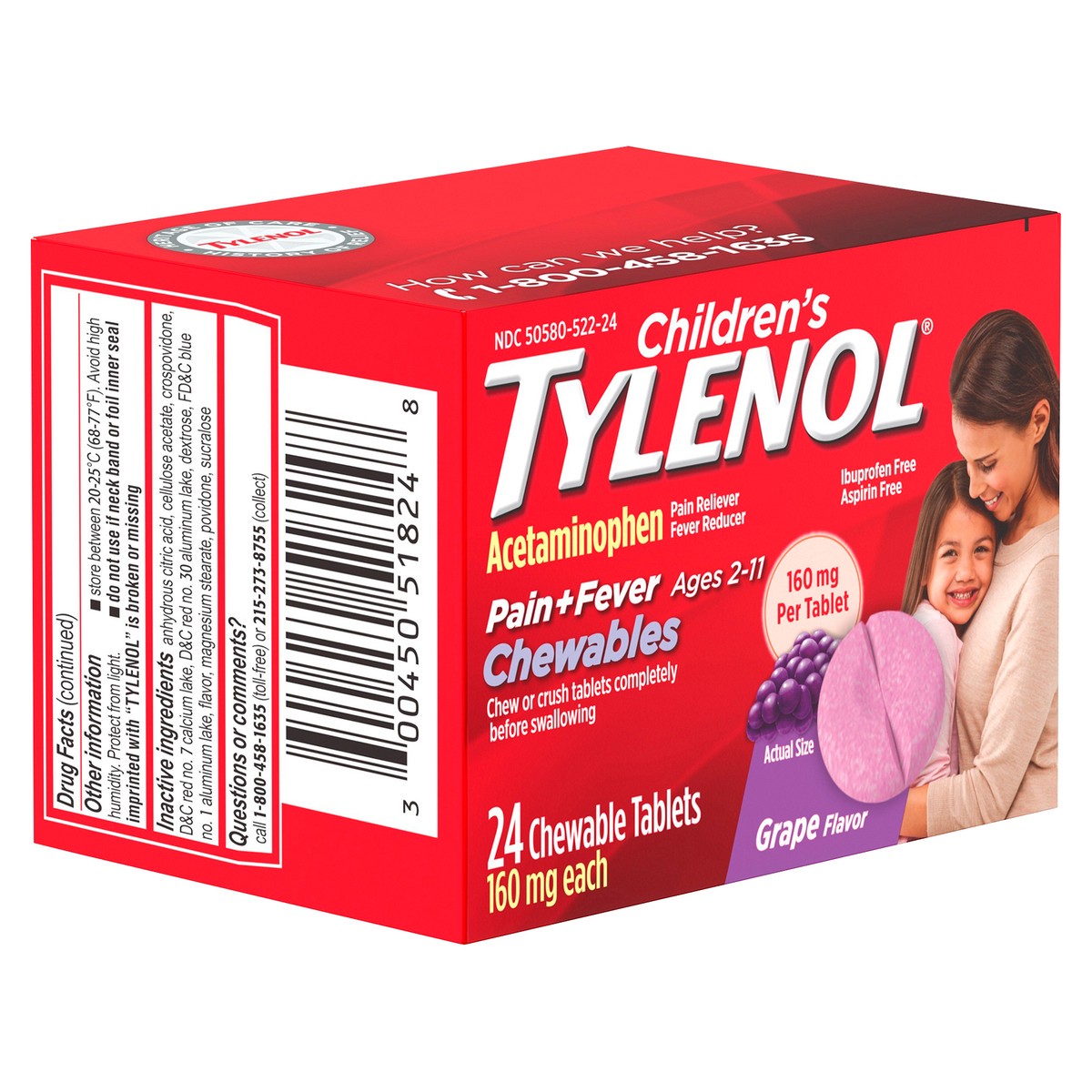 slide 2 of 7, Children's Tylenol Pain + Fever Relief Chewables - Acetaminophen - Grape - 24ct, 24 ct