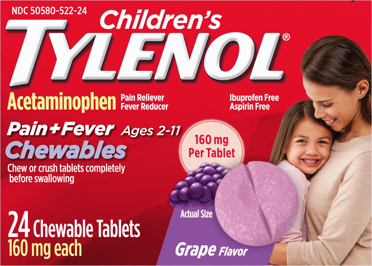 slide 5 of 7, Children's Tylenol Pain + Fever Relief Chewables - Acetaminophen - Grape - 24ct, 24 ct