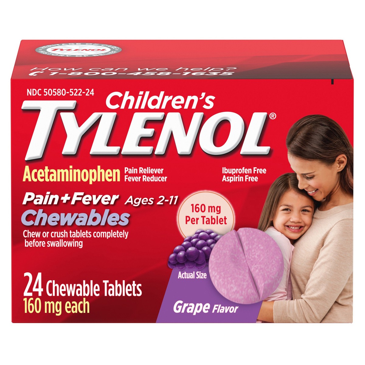 slide 1 of 7, Tylenol Children's Tylenol Chewables with 160 mg Acetaminophen, Grape, 24 ct, 24 ct