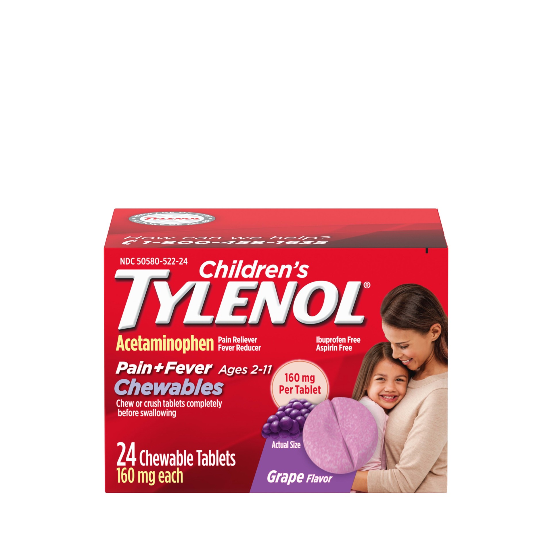 slide 1 of 7, Children's Tylenol Pain + Fever Relief Chewables - Acetaminophen - Grape - 24ct, 24 ct