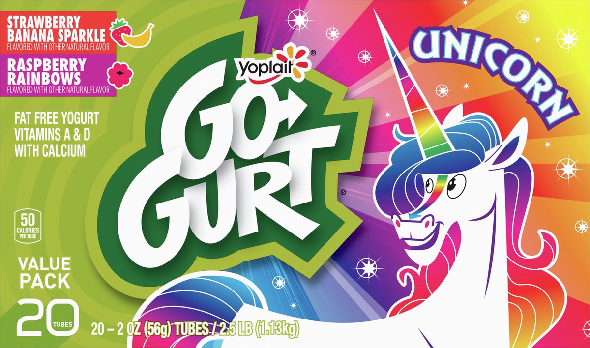 slide 6 of 13, Go-GURT Unicorn Strawberry Banana Sparkle and Raspberry Rainbows Kids Fat Free Yogurt Variety Pack, Gluten Free, 2 oz Yogurt Tubes (20 Count), 20 ct