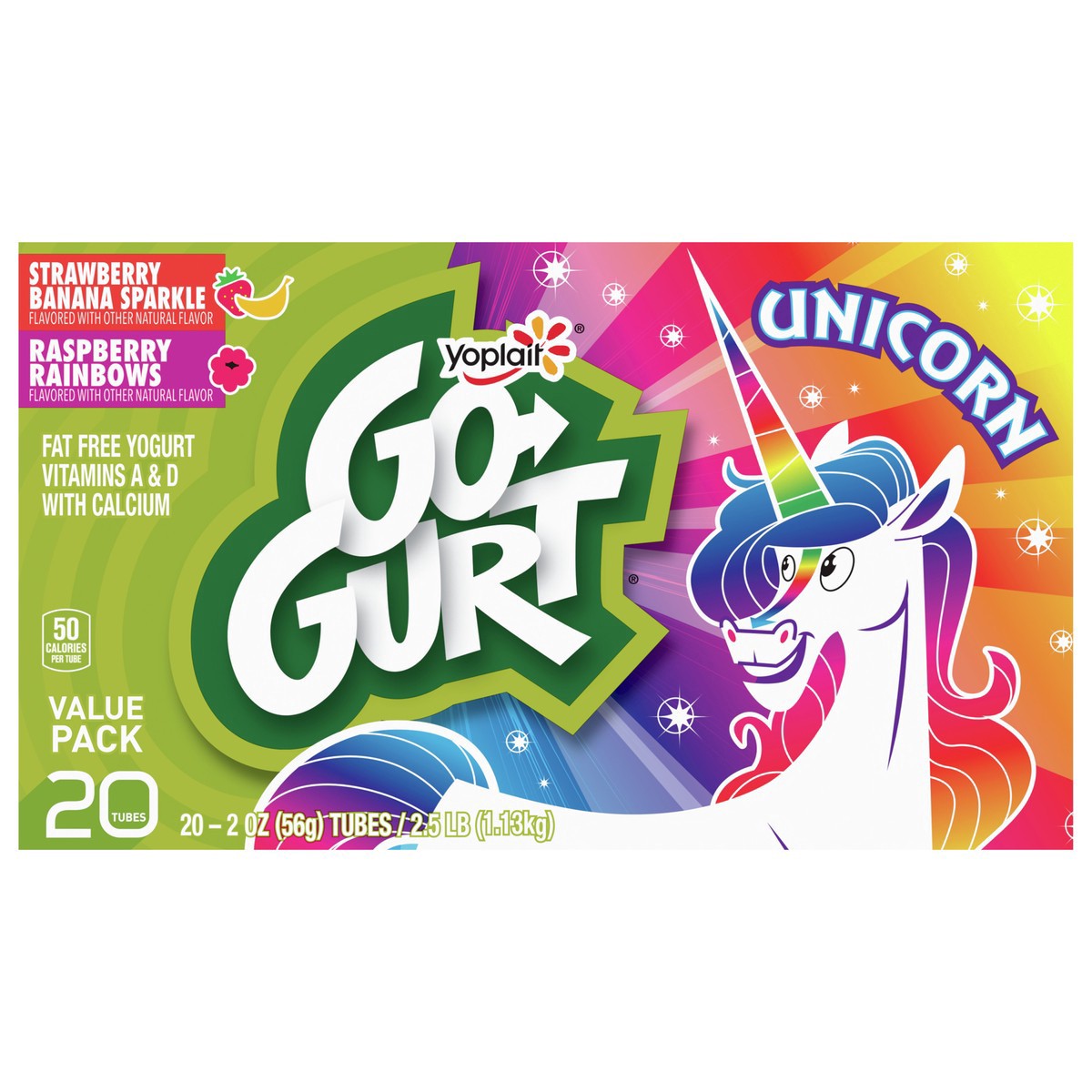 slide 12 of 13, Go-GURT Unicorn Strawberry Banana Sparkle and Raspberry Rainbows Kids Fat Free Yogurt Variety Pack, Gluten Free, 2 oz Yogurt Tubes (20 Count), 20 ct
