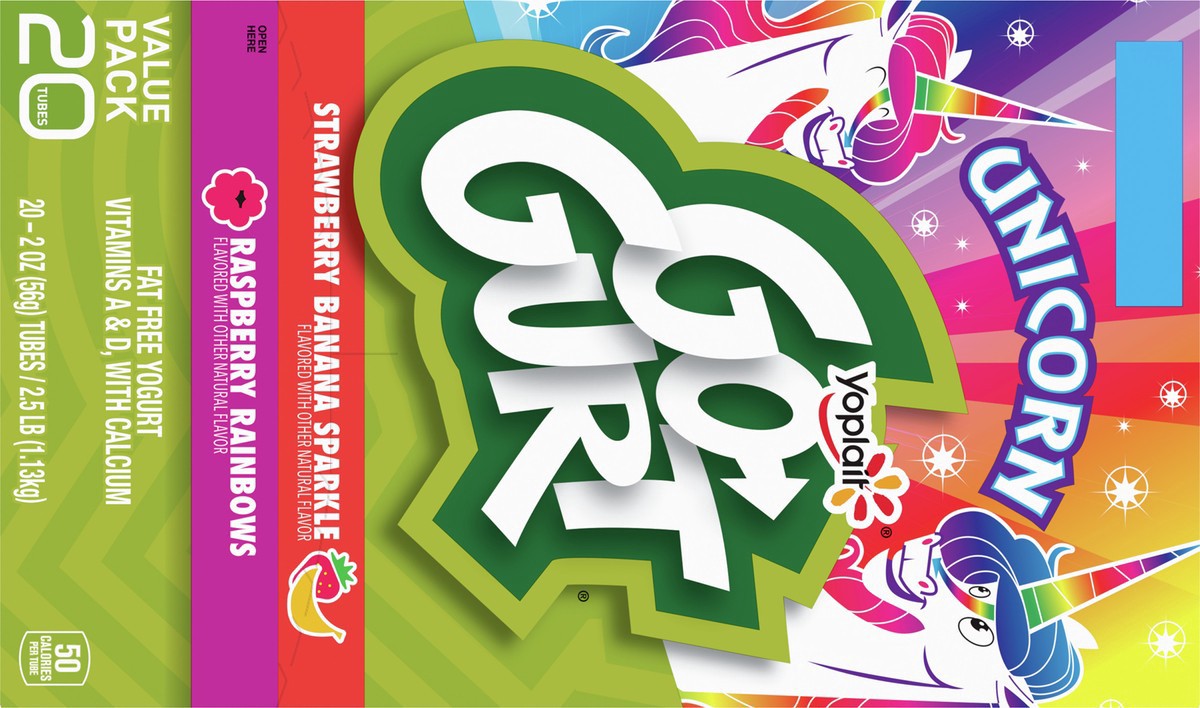slide 11 of 13, Go-GURT Unicorn Strawberry Banana Sparkle and Raspberry Rainbows Kids Fat Free Yogurt Variety Pack, Gluten Free, 2 oz Yogurt Tubes (20 Count), 20 ct
