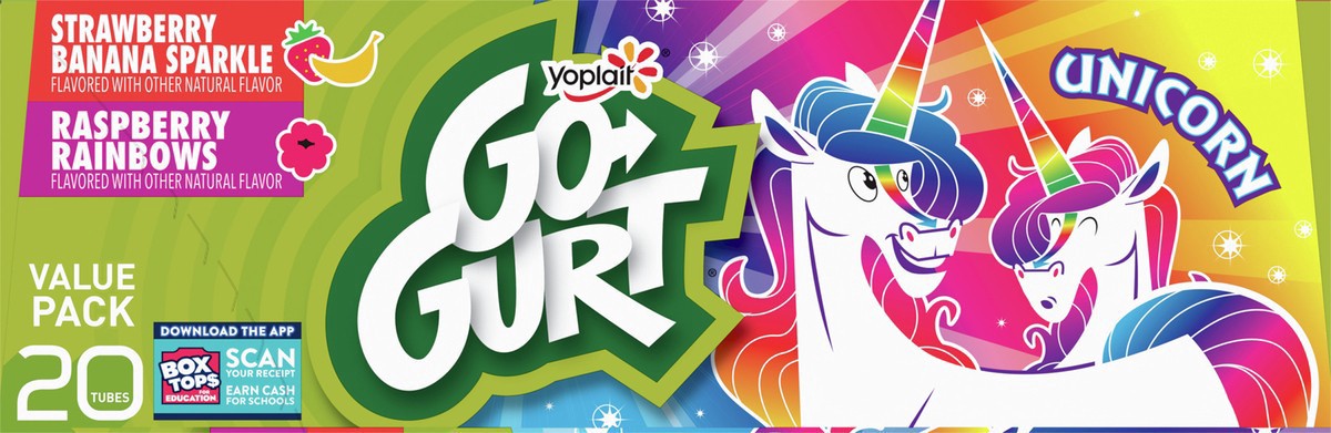 slide 2 of 13, Go-GURT Unicorn Strawberry Banana Sparkle and Raspberry Rainbows Kids Fat Free Yogurt Variety Pack, Gluten Free, 2 oz Yogurt Tubes (20 Count), 20 ct