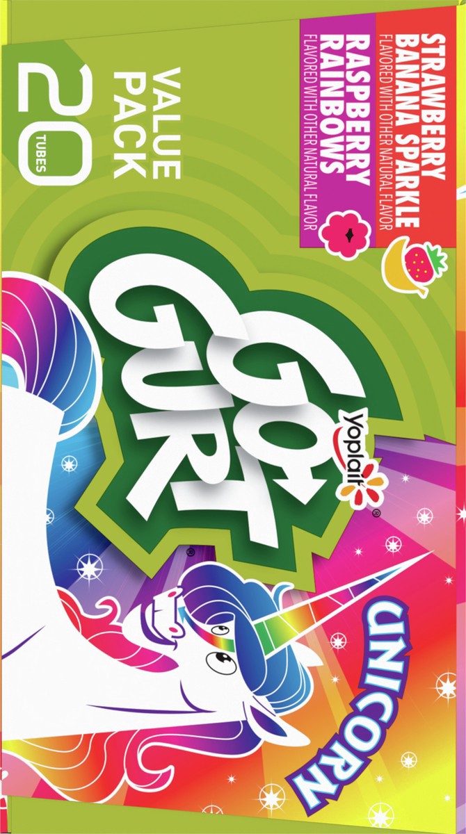 slide 10 of 13, Go-GURT Unicorn Strawberry Banana Sparkle and Raspberry Rainbows Kids Fat Free Yogurt Variety Pack, Gluten Free, 2 oz Yogurt Tubes (20 Count), 20 ct