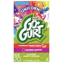 Go-GURT Unicorn Strawberry Banana Sparkle and Raspberry Rainbows Kids Fat Free Yogurt Variety Pack, Gluten Free, 2 oz Yogurt Tubes (20 Count)