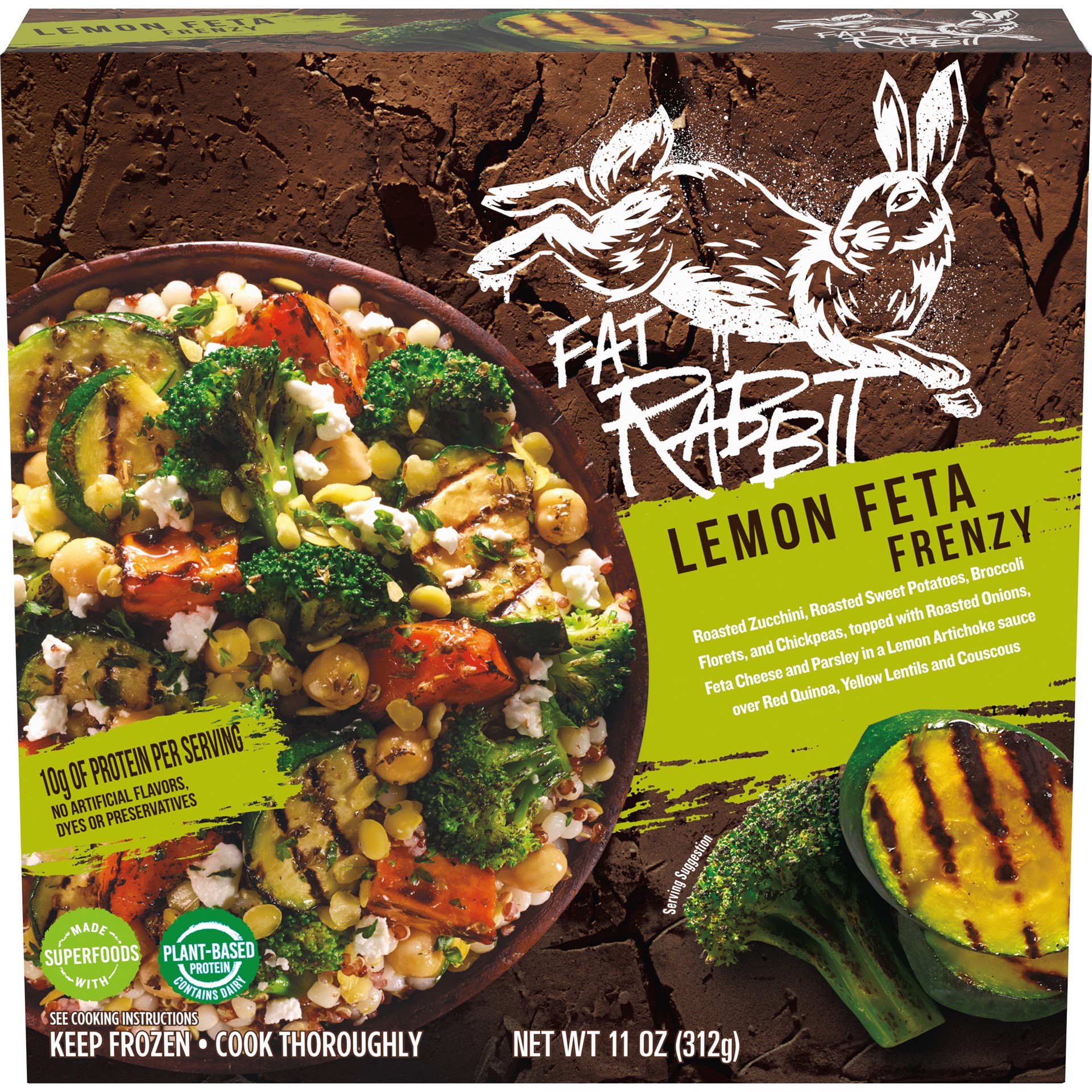 slide 1 of 5, Fat Rabbit Lemon Feta Frenzy with Roasted Vegetables, Sweet Potatoes & Feta Cheese in Lemon Artichoke Sauce over Quinoa Frozen Meal, 11 oz Box, 11 oz