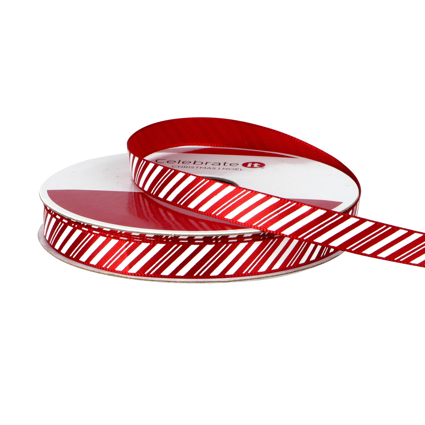 slide 2 of 3, 3/8" X 12ft. Red & White Diagonal Stripes Ribbon By Celebrate It Christmas, 3/8 in x 12 ft