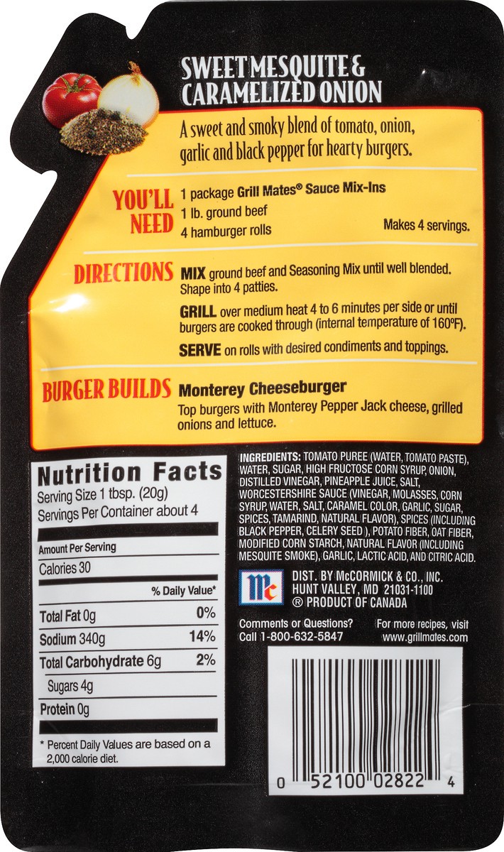 slide 4 of 8, McCormick Grill Mates Sweet Mesquite & Caramelized Onion Steakhouse Burgers Sauce Mix-Ins Seasoning 2.83 oz. Pouch, 2.83 oz