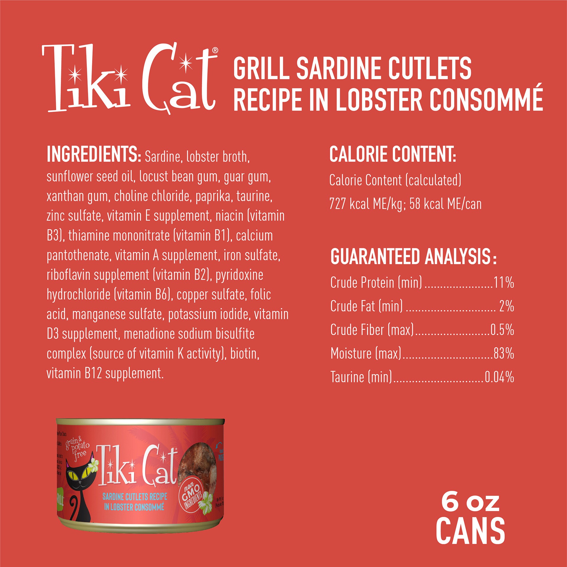 slide 5 of 8, Tiki Cat Grill Wet Cat Food, Sardine Cutlets Recipe in Lobster Consomme, 6 oz. Can (8 Count), 6 oz