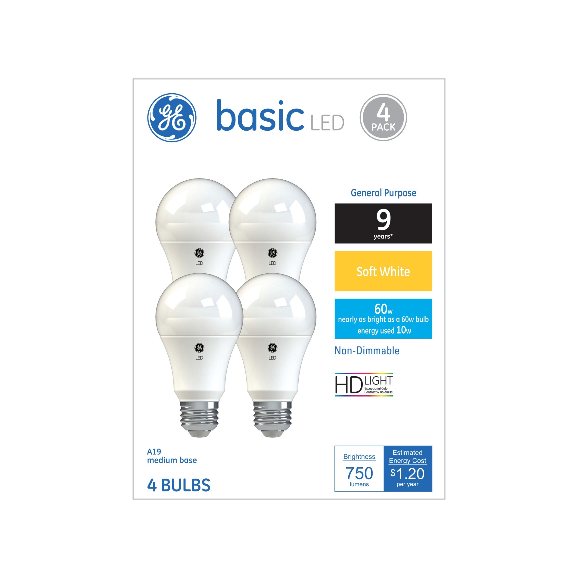 slide 1 of 6, GE Household Lighting GE 4pk 9.5W 60W Equivalent Basic LED Light Bulbs Soft White, 4 ct