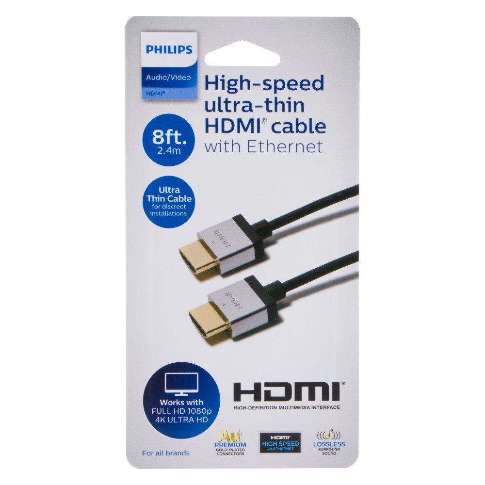 slide 2 of 4, Phillips Ultra Thin Basic HDMI High Speed Cable with Ethernet Black, 8 ft