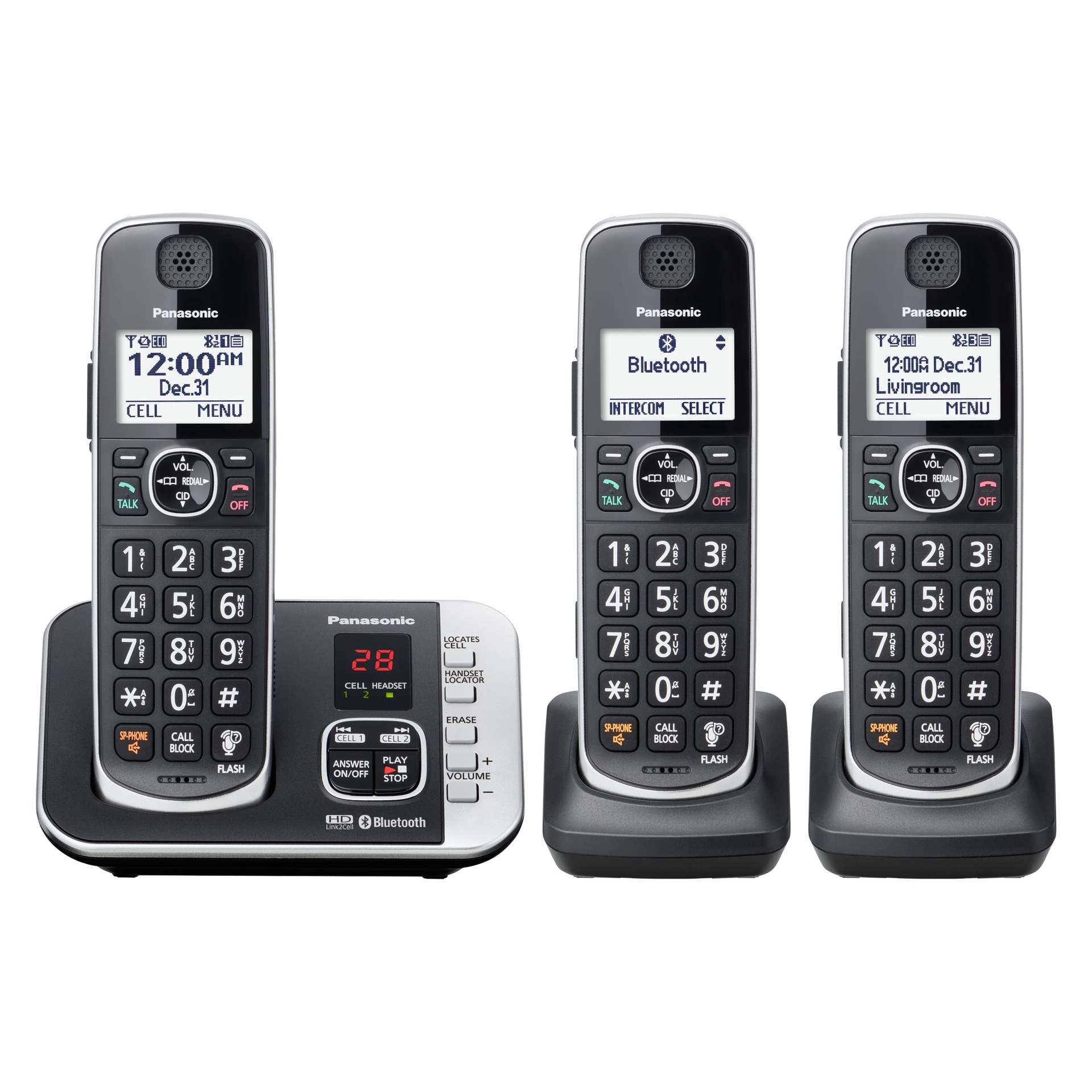 slide 1 of 3, Panasonic Cordless Phone with Link to Cell and Digital Answering Machine, 3 Handsets - Black (KX-TGE663B), 1 ct