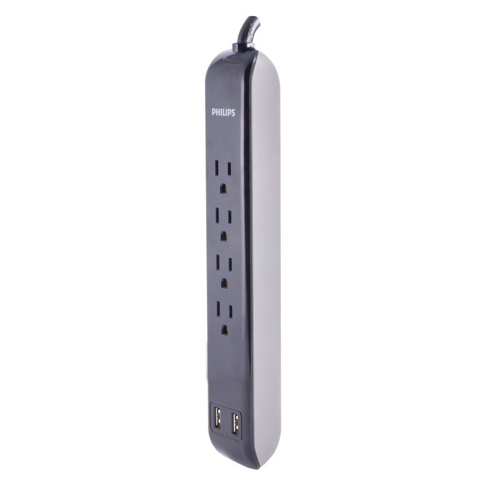 slide 4 of 4, Philips 4-Outlet Surge Protector with 2 USB Charging - Black, 3 ft