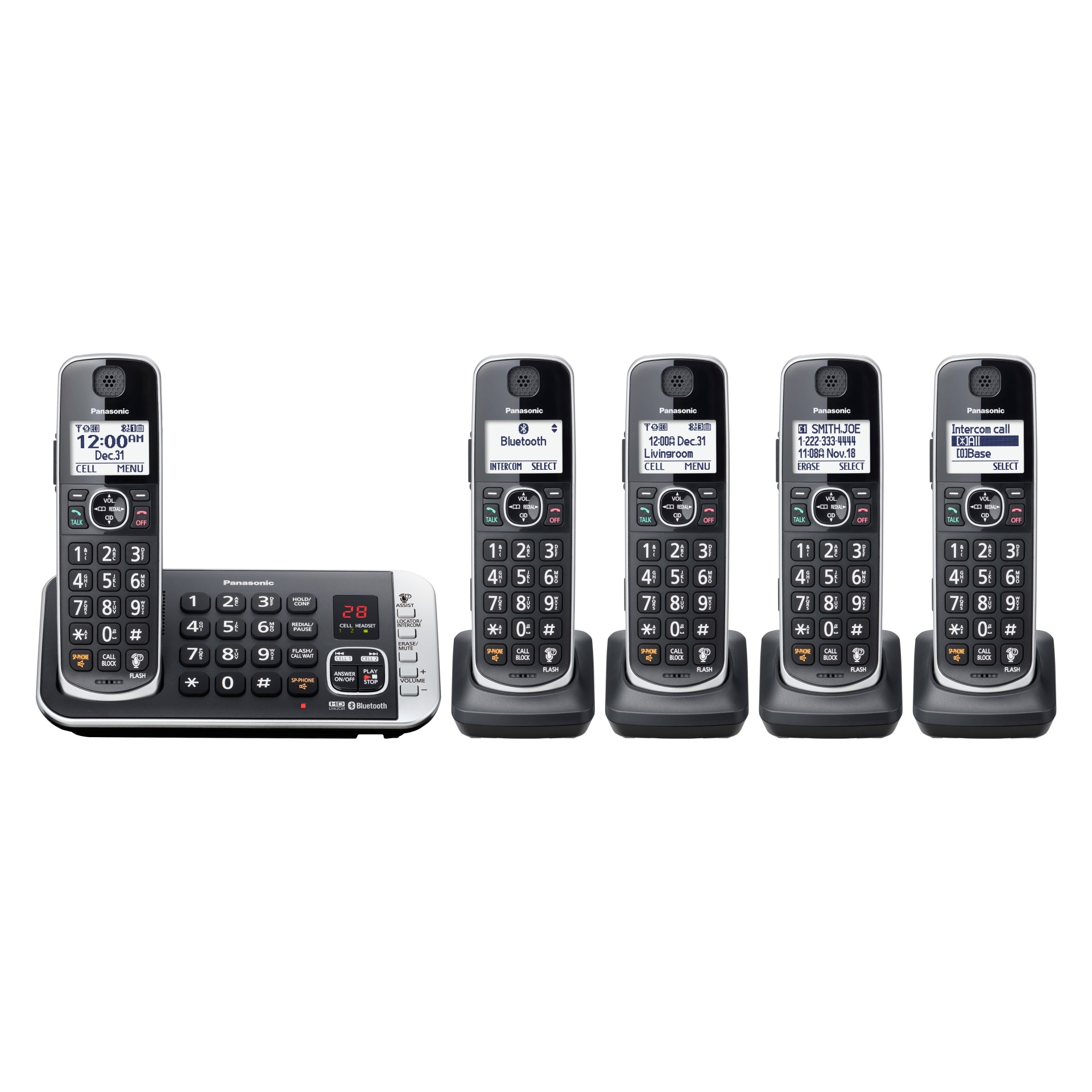 slide 1 of 3, Panasonic Cordless Phone with Link to Cell and Digital Answering Machine, 5 Handsets - Black (KX-TGE675B), 1 ct