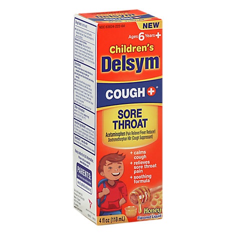 slide 1 of 1, Delsym Child Cough & Throat Honey, 4 oz