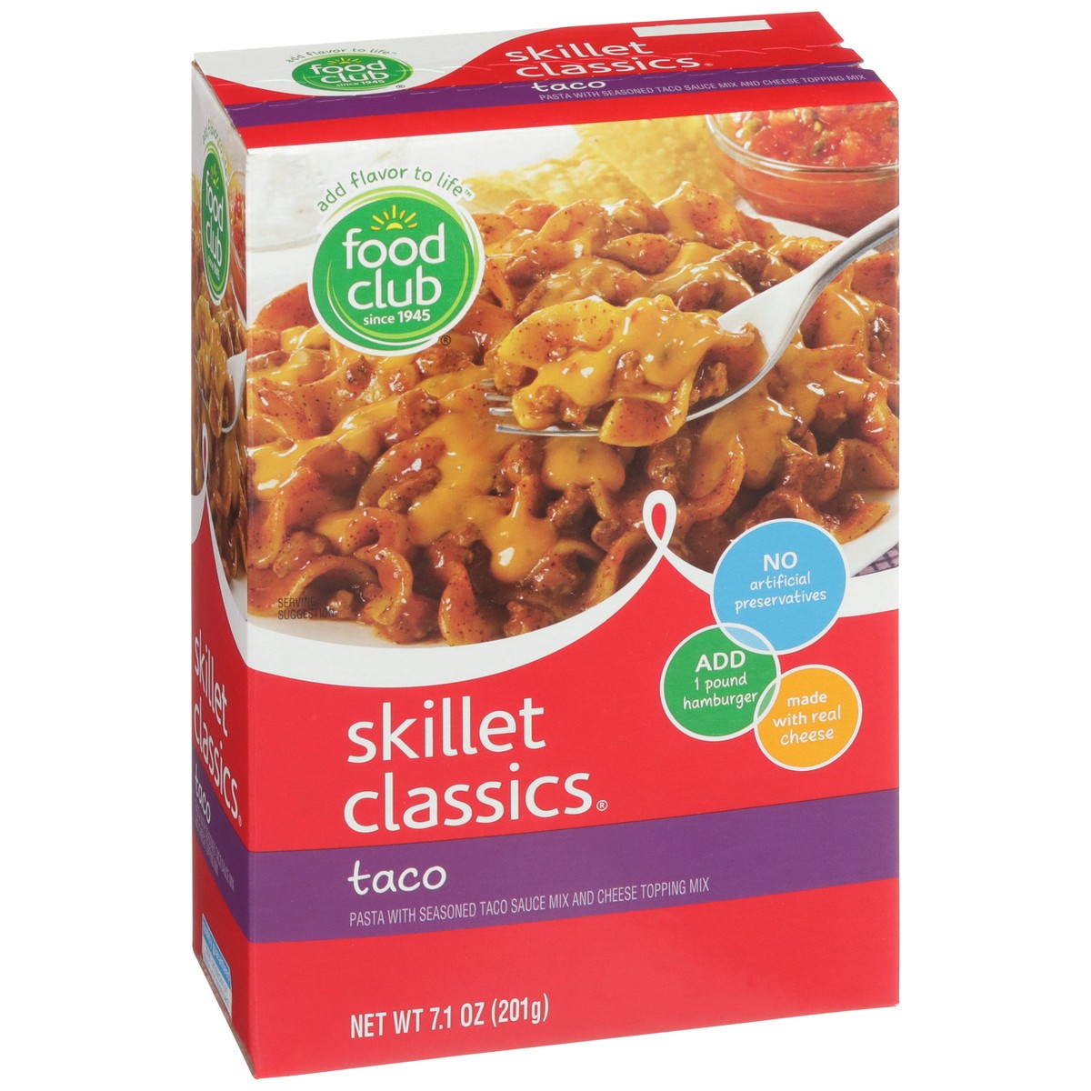 slide 2 of 9, Food Club Skillet Classics, Taco Pasta With Seasoned Taco Sauce Mix And Cheese Topping Mix, 7.1 oz