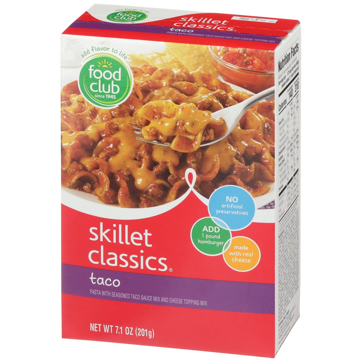 slide 3 of 9, Food Club Skillet Classics, Taco Pasta With Seasoned Taco Sauce Mix And Cheese Topping Mix, 7.1 oz