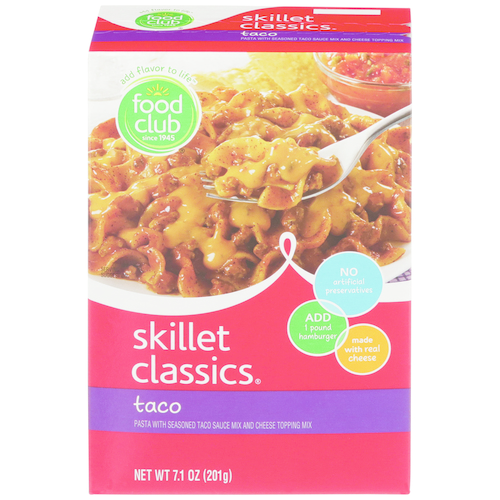 slide 1 of 1, Food Club Skillet Classics, Taco Pasta With Seasoned Taco Sauce Mix And Cheese Topping Mix, 7.1 oz