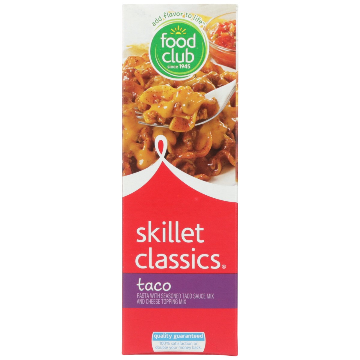 slide 6 of 9, Food Club Skillet Classics, Taco Pasta With Seasoned Taco Sauce Mix And Cheese Topping Mix, 7.1 oz