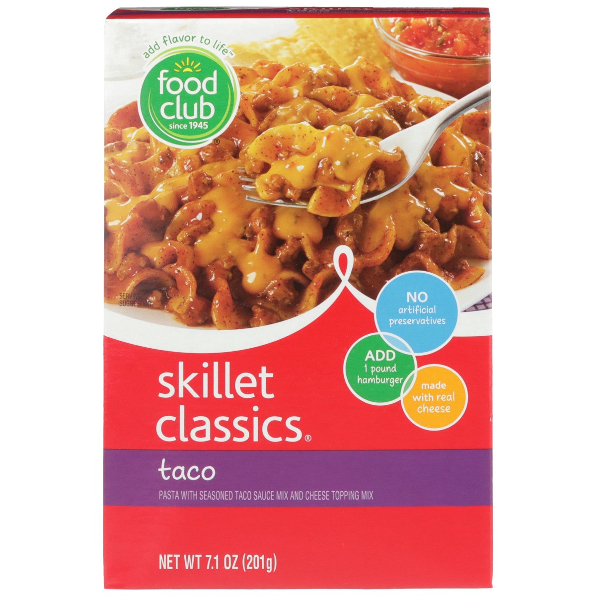 slide 8 of 9, Food Club Skillet Classics, Taco Pasta With Seasoned Taco Sauce Mix And Cheese Topping Mix, 7.1 oz