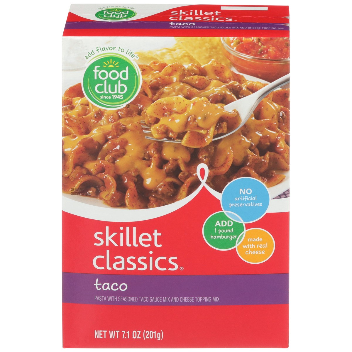 slide 1 of 9, Food Club Skillet Classics, Taco Pasta With Seasoned Taco Sauce Mix And Cheese Topping Mix, 7.1 oz