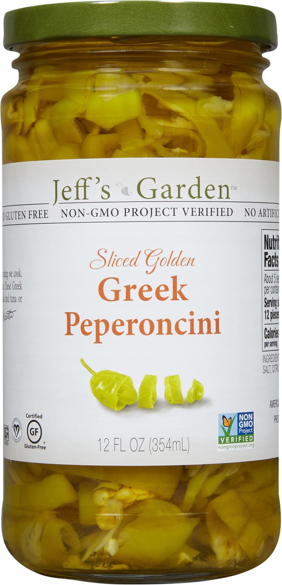 slide 4 of 7, Jeff's Garden Sliced Golden Greek Peperoncini, 12 fl oz, 12 oz