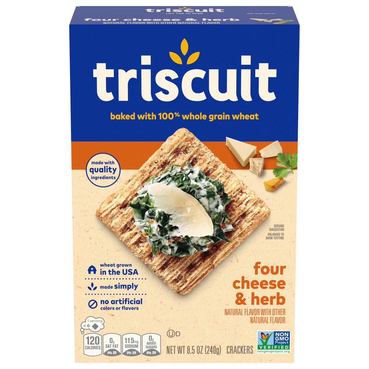 slide 1 of 14, Triscuit Four Cheese & Herb Whole Grain Wheat Crackers, Lunch Snacks, Snack Crackers, 8.5 oz, 8.5 oz