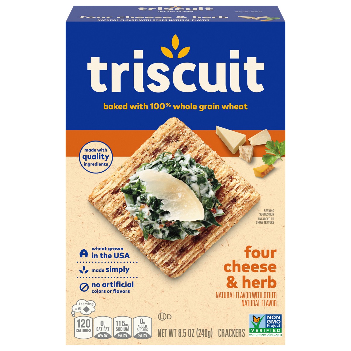 slide 1 of 14, Triscuit Four Cheese and Herb Whole Grain Wheat Crackers, 8.5 oz, 8.5 oz