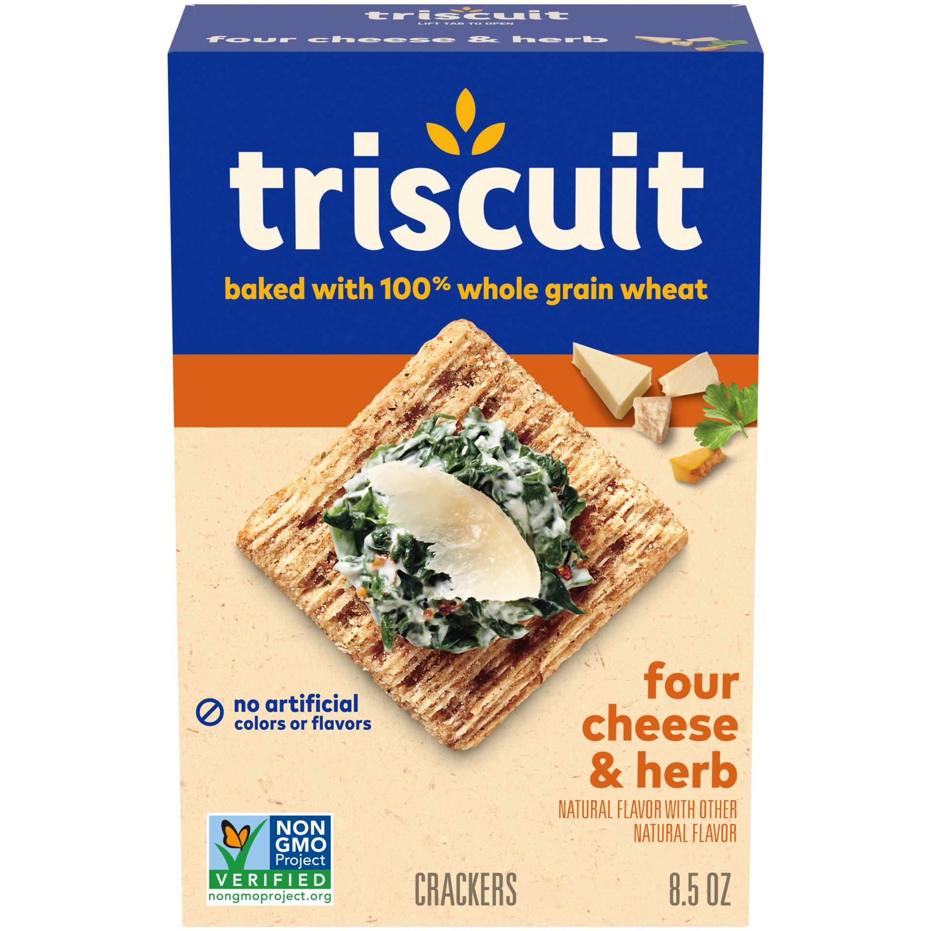 slide 1 of 14, Triscuit Four Cheese and Herb Whole Grain Wheat Crackers, 8.5 oz, 8.5 oz