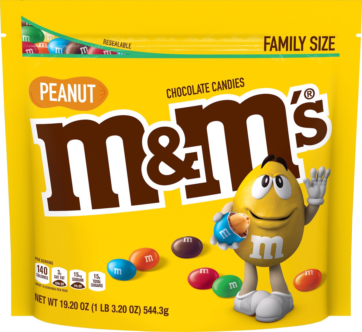 slide 1 of 8, M&M's Peanut Milk Chocolate Candy, Family Size, 19.2 oz Bag, 19.2 oz