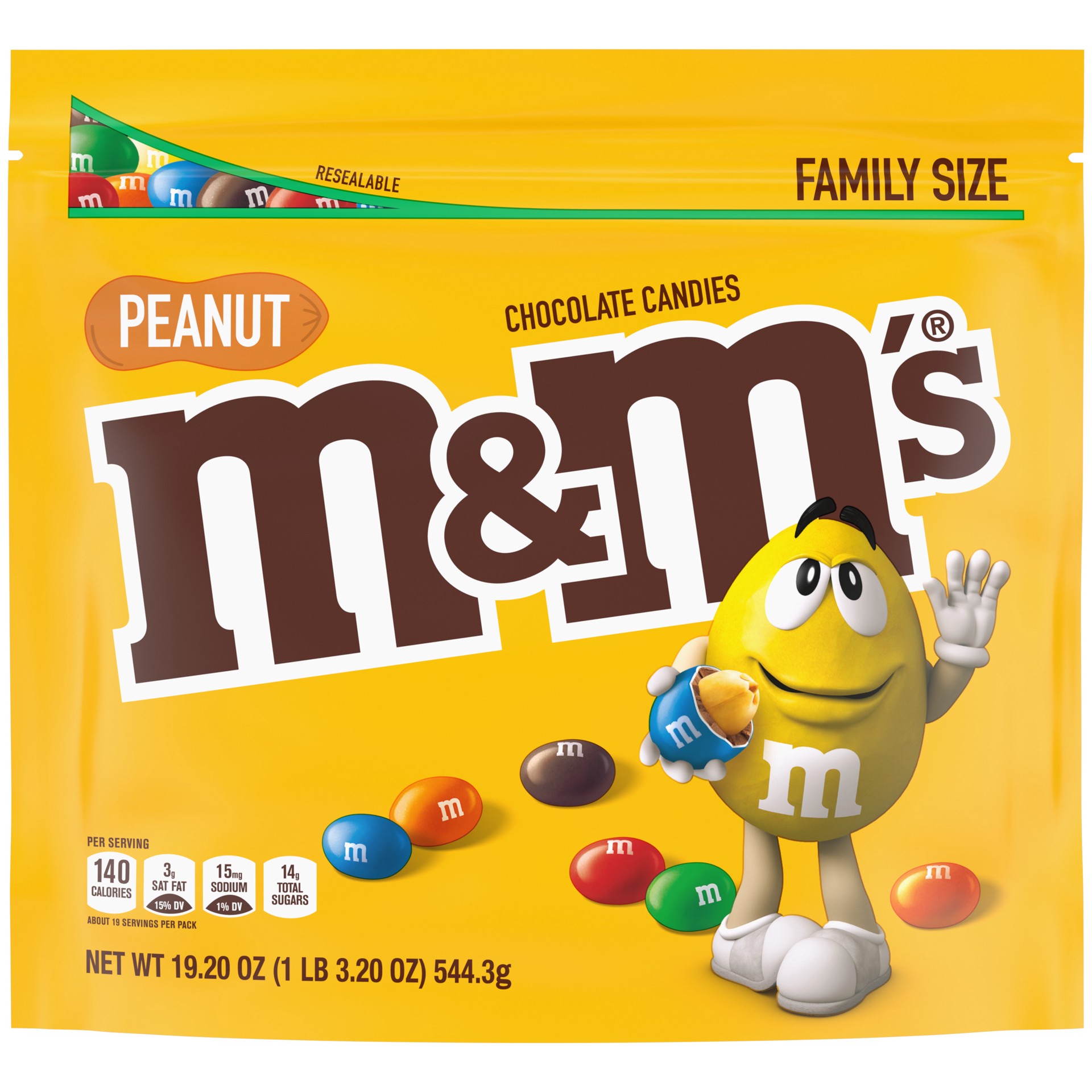 slide 1 of 8, M&M's Peanut Milk Chocolate Candy, Family Size, 19.2 oz Bag, 19.2 oz