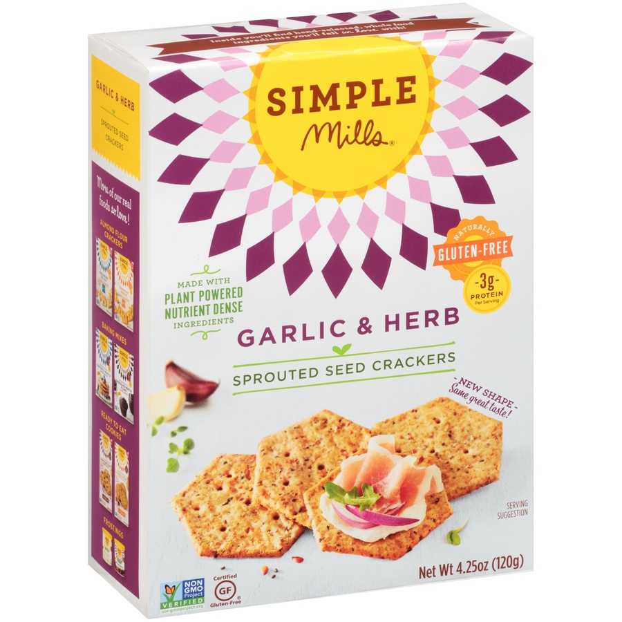 slide 2 of 8, Simple Mills Gluten Free Garlic And Herb Sprouted Seed Crackers, 4.25 oz