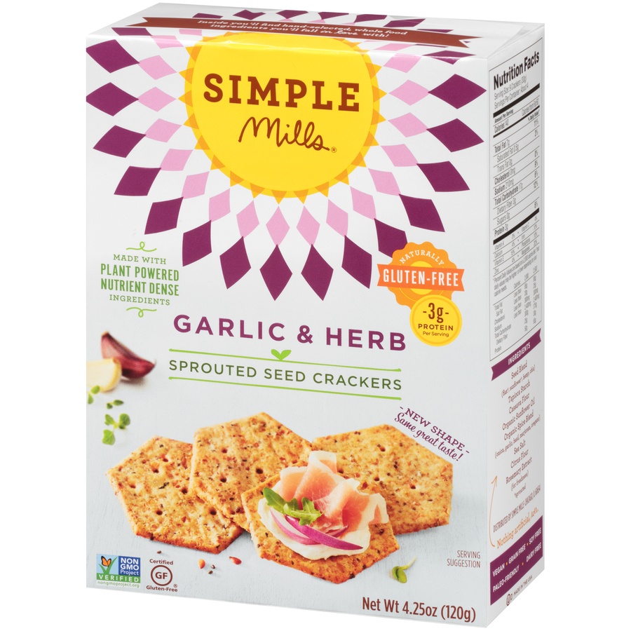 slide 3 of 8, Simple Mills Gluten Free Garlic And Herb Sprouted Seed Crackers, 4.25 oz