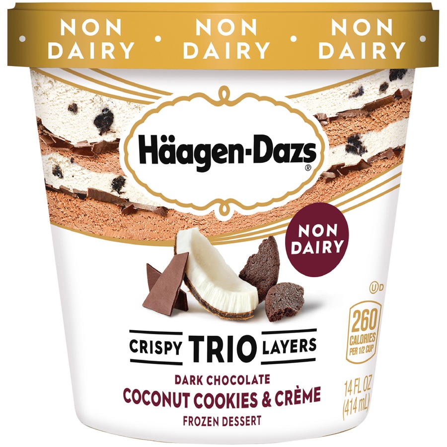 slide 4 of 7, Häagen-Dazs Non-Dairy Crispy Trio Layers Dark Chocolate Coconut Cookies & Creme Frozen Dessert, 14 fl oz