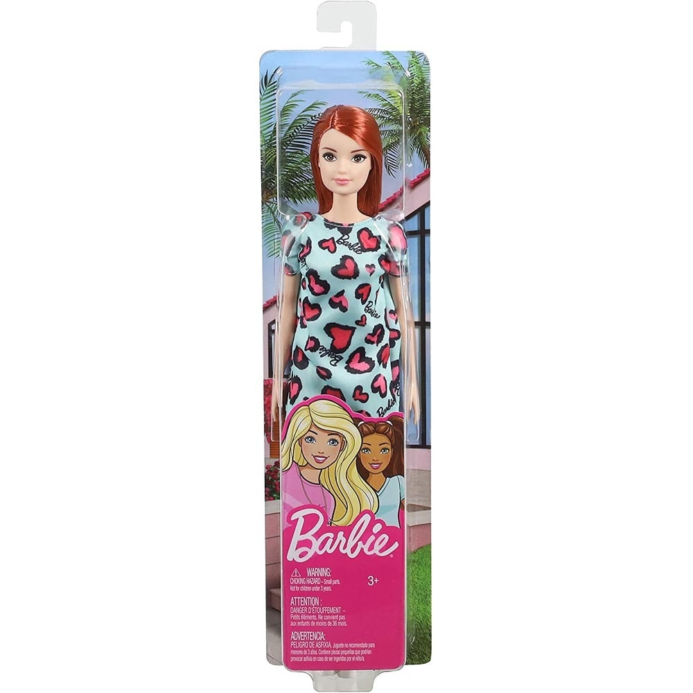 slide 1 of 1, Barbie Doll, Red Hair, Wearing Yellow And Purple Heart-Print Dress And Platform Sneakers, 1 ct