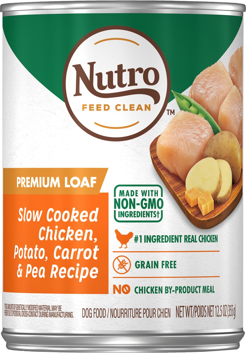 slide 1 of 3, Nutro Premium Loaf Adult Canned Wet Dog Food, Slow Cooked Chicken, Potato, Carrot & Pea Recipe, 12.5 oz
