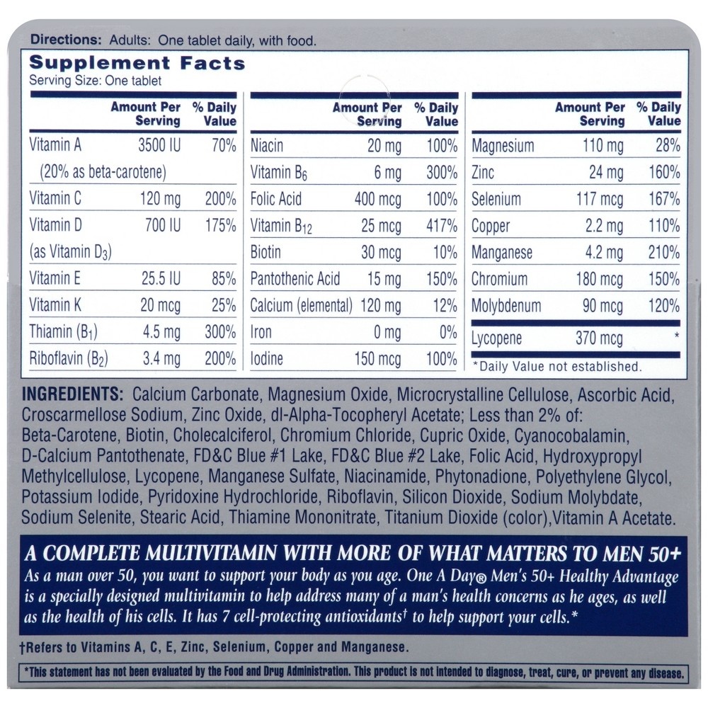 slide 4 of 7, One A Day Men's 50+ Health Advantage Multivitamin / Multimineral Dietary Supplement Tablets, 65 ct