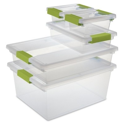 slide 1 of 2, Sterilite Set of Five Clip Boxes Clear with Green Latches, 1 ct