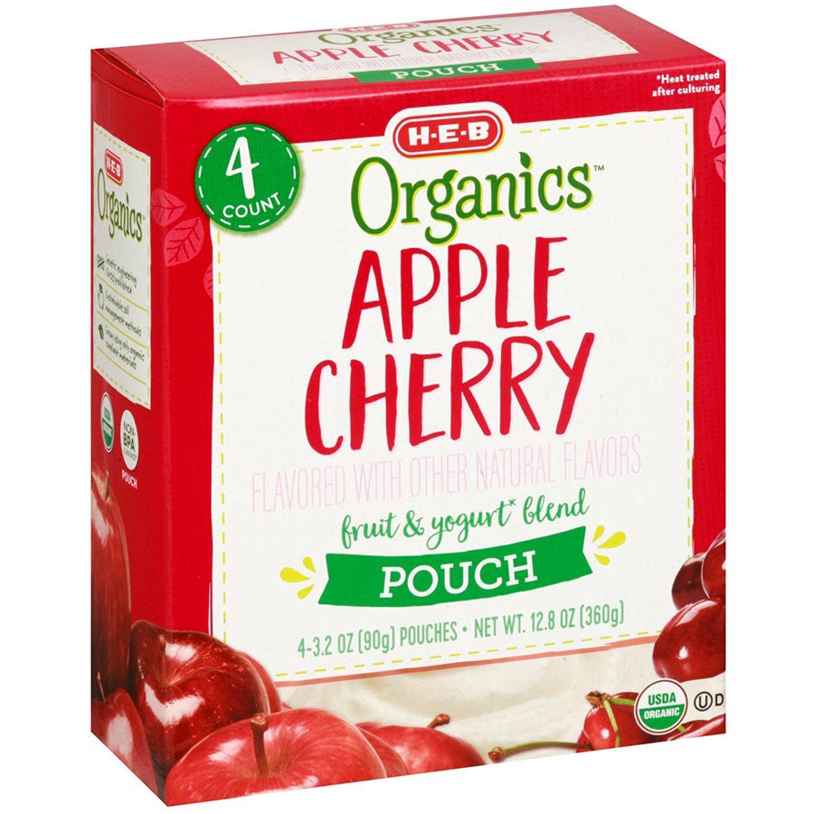 slide 1 of 1, H-E-B Organics Apple Cherry Yogurt Pouches, 4 ct