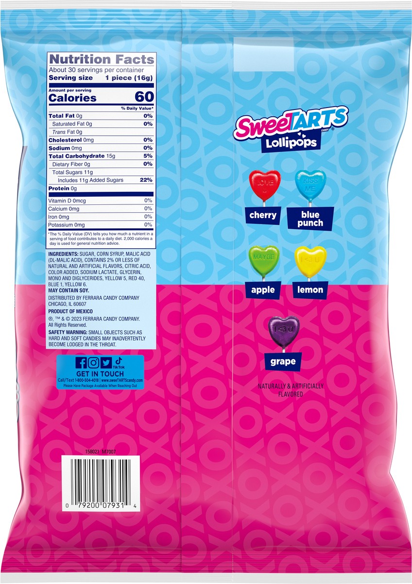 slide 6 of 15, SweeTARTS Valentine's Lollipops 30 Count 16.9 Ounce Bag, 30 ct