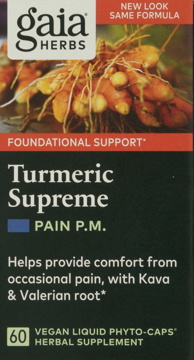 slide 1 of 9, Gaia Herbs Turmeric Supreme Pain PM Vegan Liquid Phyto-Caps 60 ea Box, 60 ct