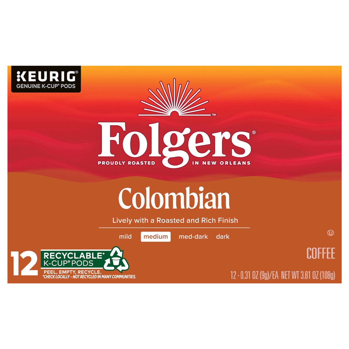 slide 1 of 8, Folgers Colombian Coffee, Medium Roast, Keurig K-Cup Pods, 12 count Box, 12 ct