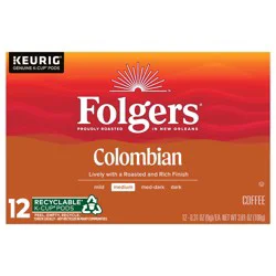 Folgers Colombian Coffee, Medium Roast, Keurig K-Cup Pods, 12 count Box