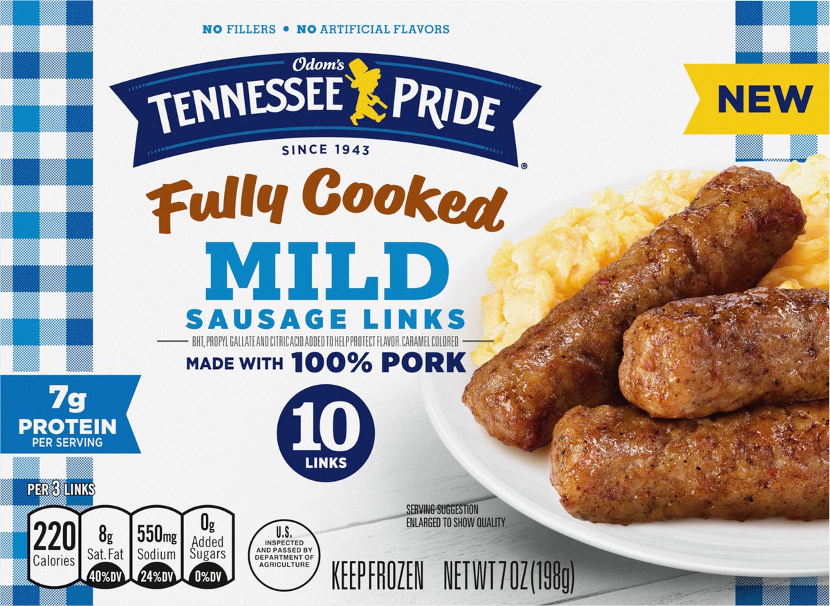 slide 9 of 12, Odom's Tennessee Pride Fully Cooked Mild Sausage Links, Frozen Breakfast Sausage, 7 oz. 10 Count, 7 oz